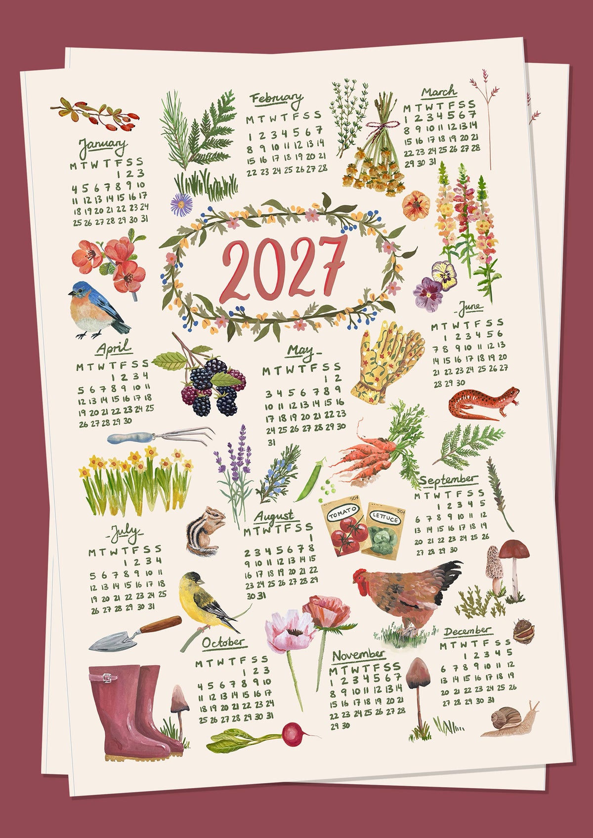 Postal - Calendario de jardinería pintado a mano 2027