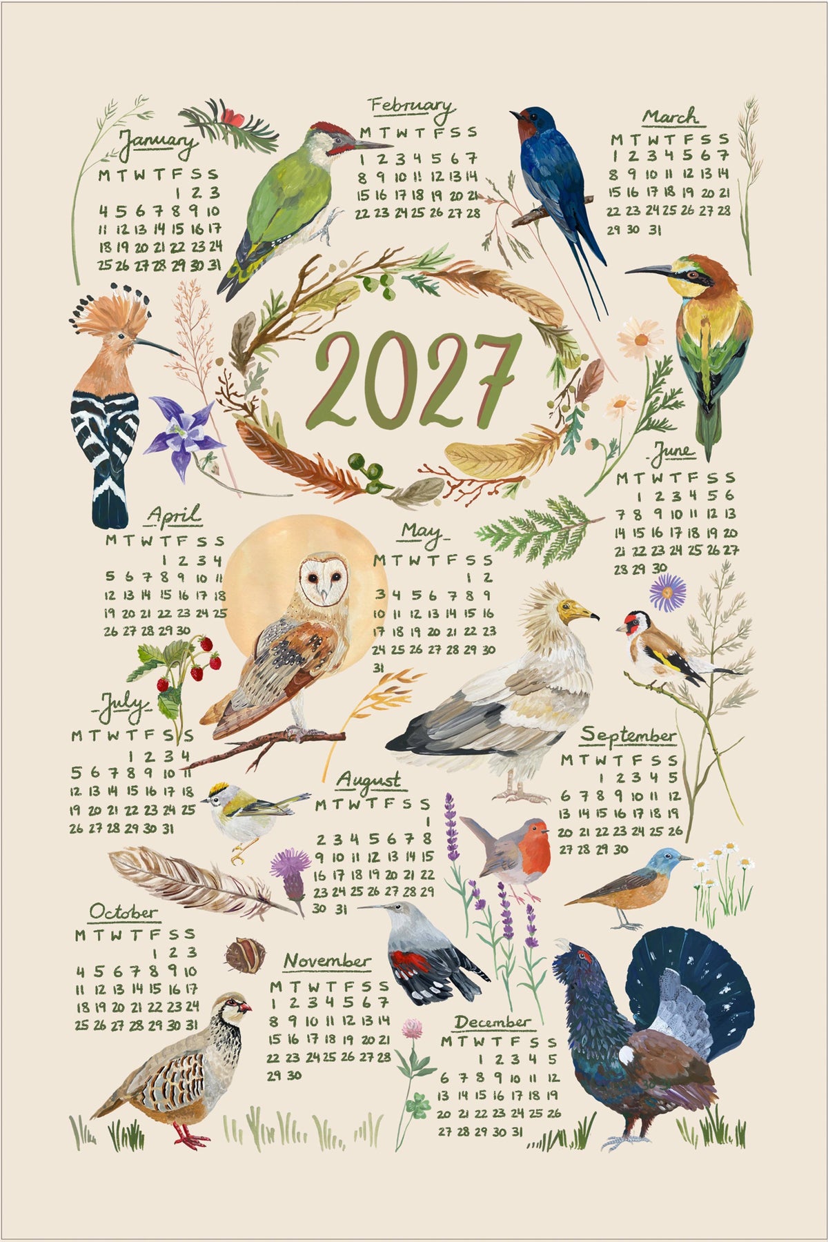 Paño de cocina - Calendario 2027 Pájaros pintados a mano