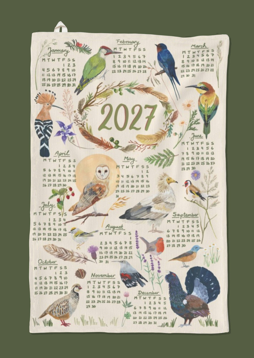 Paño de cocina - Calendario 2027 Pájaros pintados a mano