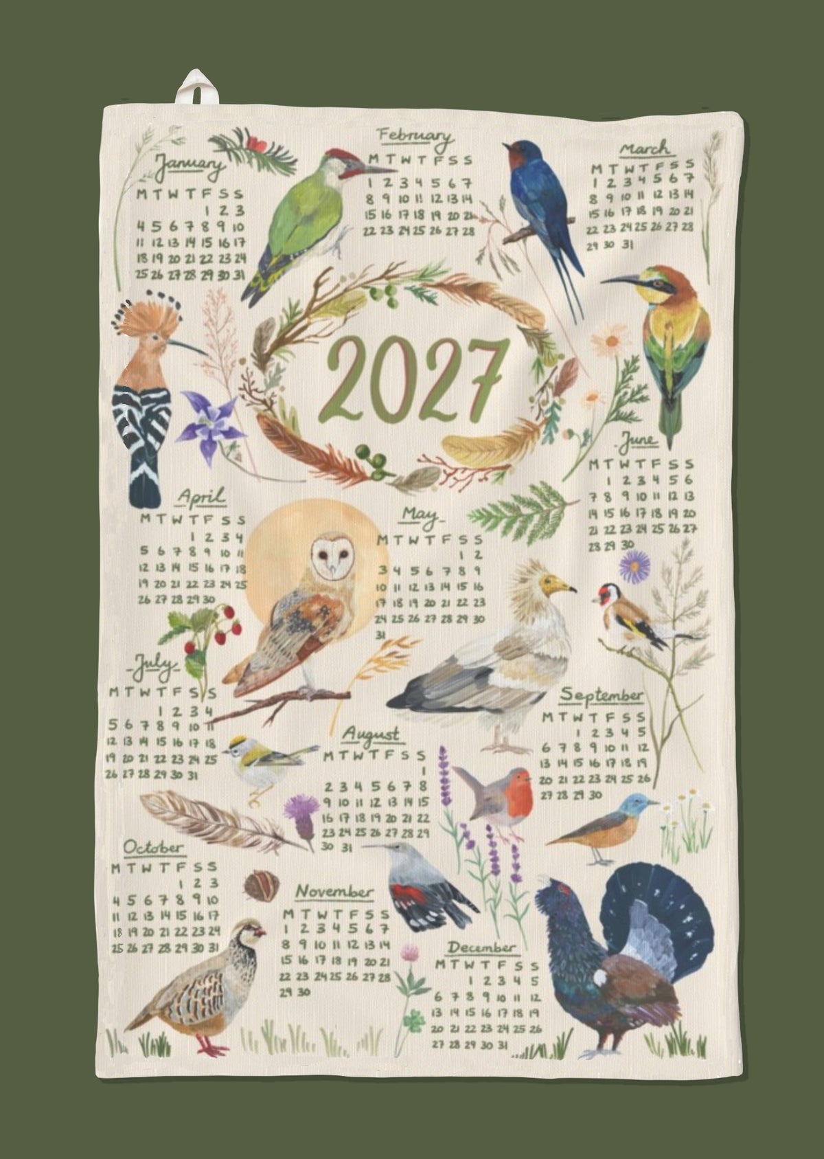 Paño de cocina - Calendario 2027 Pájaros pintados a mano