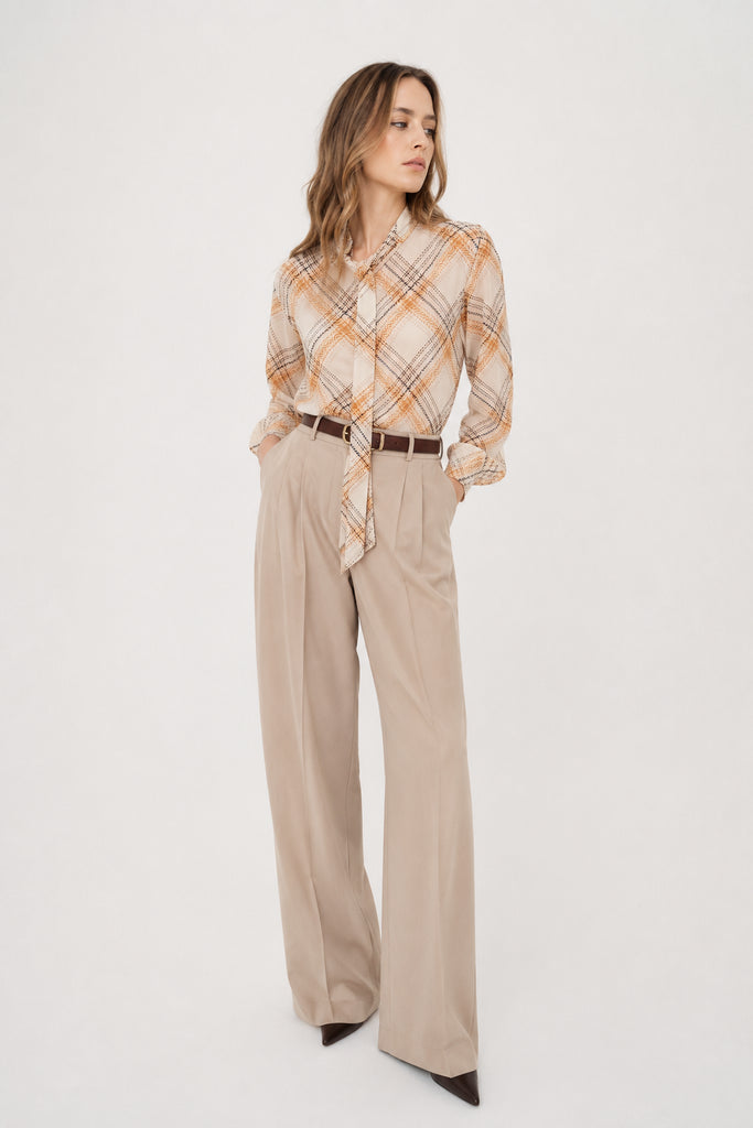 Blusa Estampada Lazada Gasa Cuadros Con Bufanda/Corbata - Foto