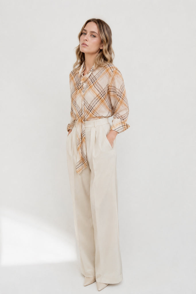 Blusa Estampada Lazada Gasa Cuadros Con Bufanda/Corbata - Foto
